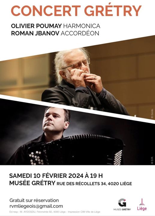 Affiche. Liège. Concert-Grétry par Olivier Poumay et Roman Jbanov. 282 ans de André-Modeste Gretry. 2024-02-10